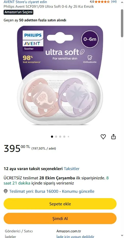 Philips Avent SCF091/09 Ultra Soft 0-6 Ay 2li Kız Emzik