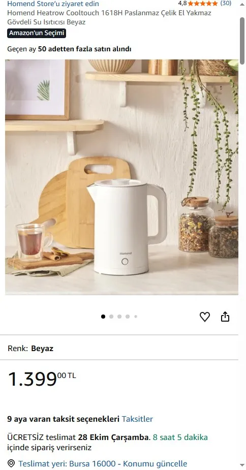 Homend Heatrow Cooltouch 1618H Paslanmaz Çelik El Yakmaz Gövdeli Su Isıtıcısı Beyaz