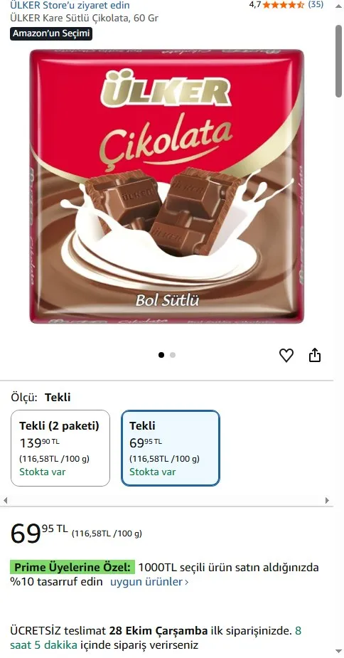 ÜLKER Kare Sütlü Çikolata, 60 Gr