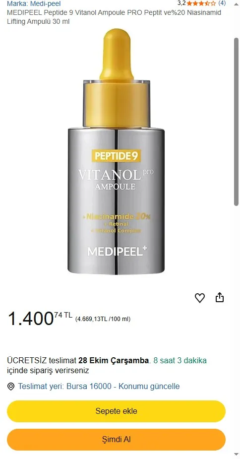 MEDIPEEL Peptide 9 Vitanol Ampoule PRO Peptit ve%20 Niasinamid Lifting Ampulü 30 ml