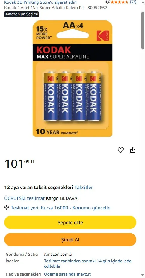 Kodak 4 Adet Max Super Alkalin Kalem Pil - 30952867