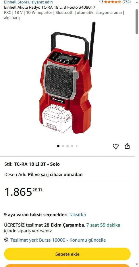 Einhell Akülü Radyo TC-RA 18 Li BT-Solo 3408017