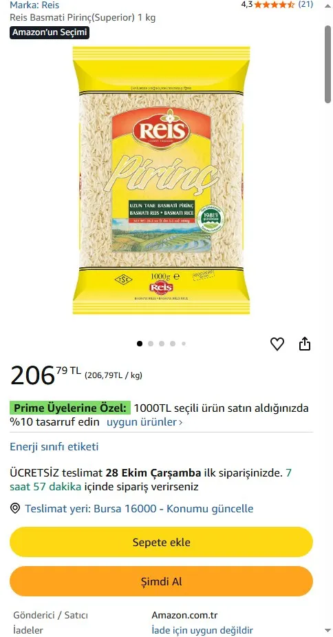Reis Basmati Pirinç(Superior) 1 kg