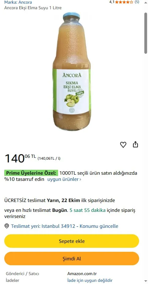 Ancora Ekşi Elma Suyu 1 Litre