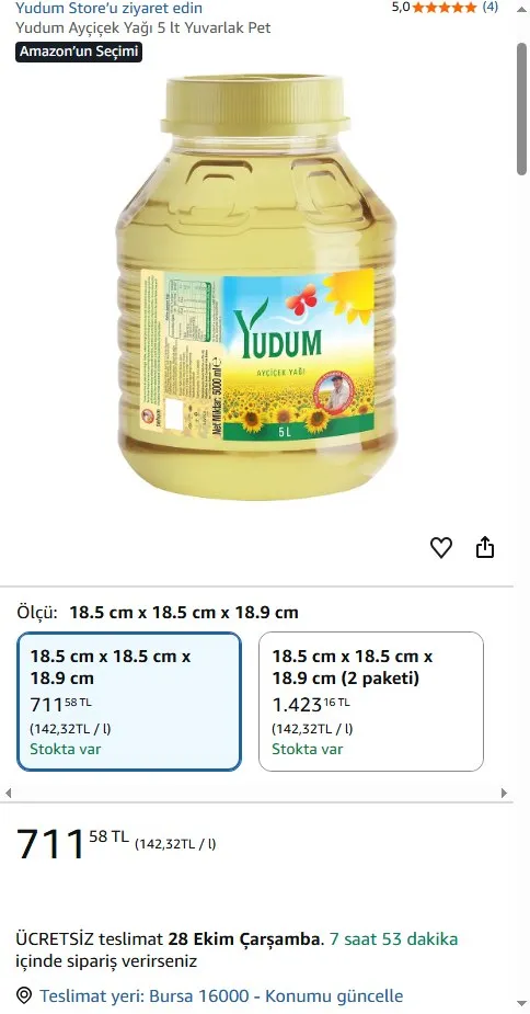Yudum Ayçiçek Yağı 5 lt Yuvarlak Pet
