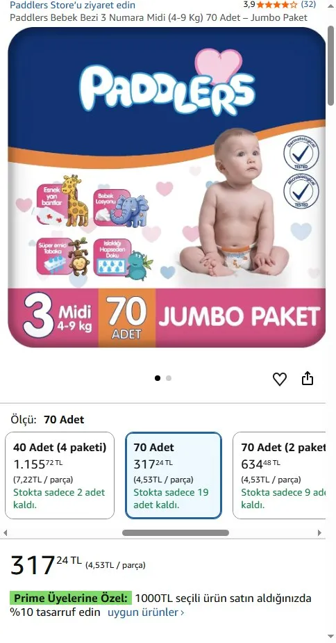 Paddlers Bebek Bezi 3 Numara Midi (4-9 Kg) 70 Adet – Jumbo Paket