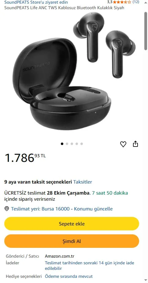 SoundPEATS Life ANC TWS Kablosuz Bluetooth Kulaklık Siyah