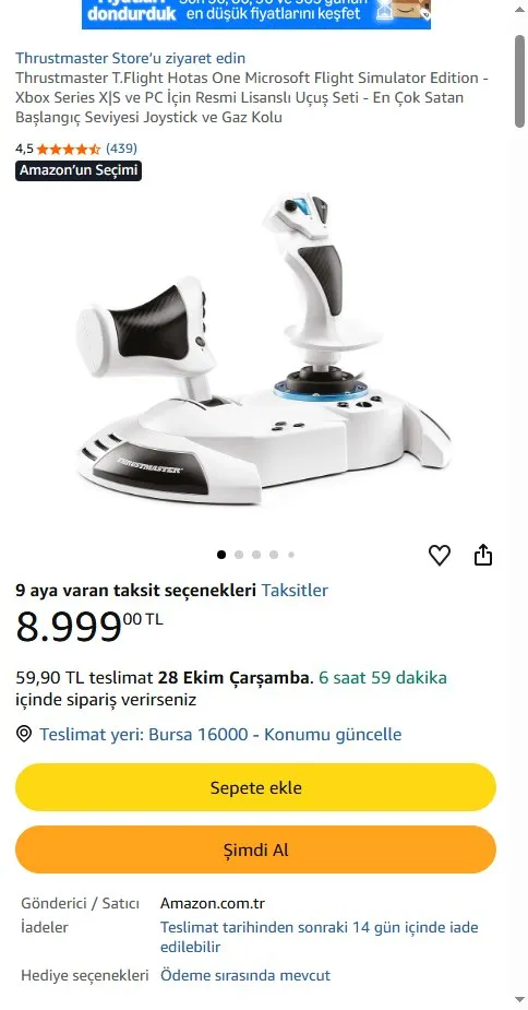 Thrustmaster T.Flight Hotas One Microsoft Flight Simulator Edition - Xbox Series X|S ve PC İçin Resmi Lisanslı Uçuş Seti - En Çok Satan Başlangıç Seviyesi Joystick ve Gaz Kolu