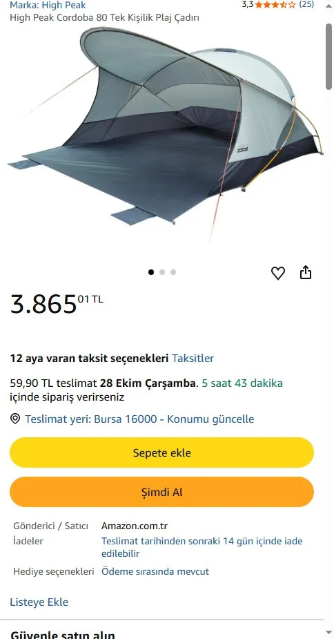 High Peak Cordoba 80 Tek Kişilik Plaj Çadırı