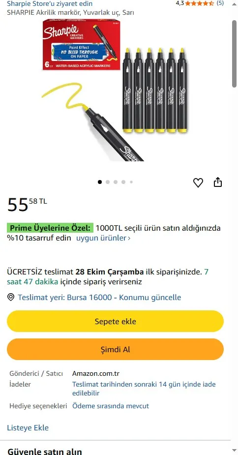 SHARPIE Akrilik markör, Yuvarlak uç, Sarı