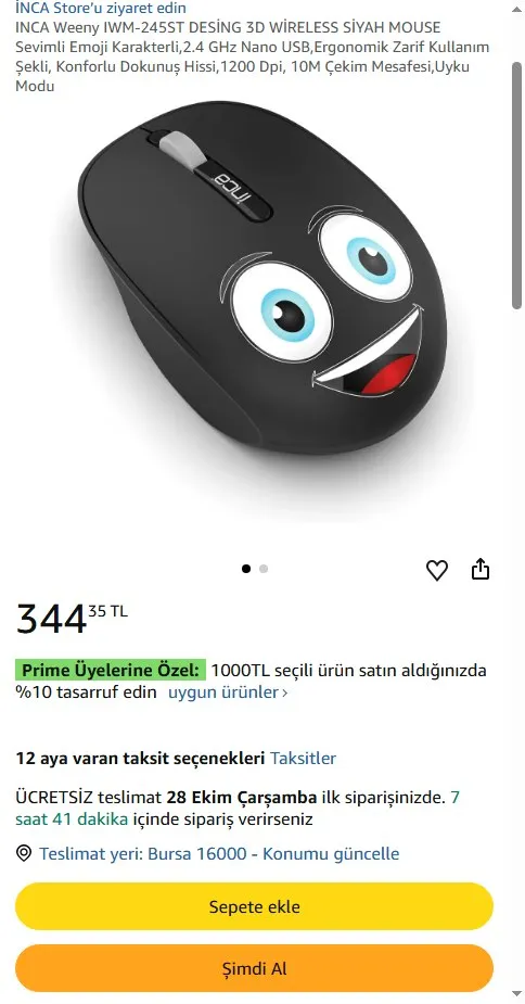 INCA Weeny IWM-245ST DESİNG 3D WİRELESS SİYAH MOUSE Sevimli Emoji Karakterli,2.4 GHz Nano USB,Ergonomik Zarif Kullanım Şekli, Konforlu Dokunuş Hissi,1200 Dpi, 10M Çekim Mesafesi,Uyku Modu