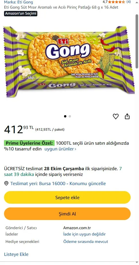 Eti Gong Süt Mısır Aromalı ve Acılı Pirinç Patlağı 68 g x 16 Adet
