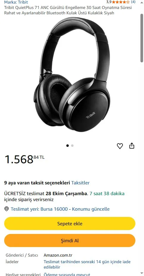 Tribit QuietPlus 71 ANC Gürültü Engelleme 30 Saat Oynatma Süresi Rahat ve Ayarlanabilir Bluetooth Kulak Üstü Kulaklık Siyah