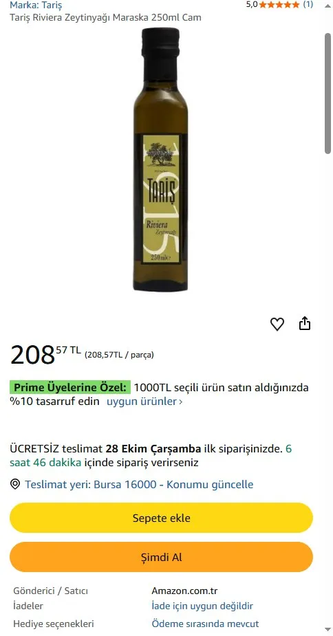Tariş Riviera Zeytinyağı Maraska 250ml Cam