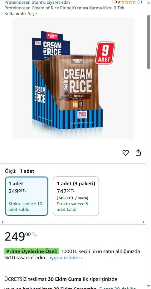 Proteinocean Cream of Rice Pirinç Kreması Karma Kutu 9 Tek Kullanımlık Saşe