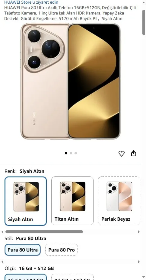 HUAWEI Pura 80 Ultra Akıllı Telefon 16GB+512GB, Değiştirilebilir Çift Telefoto Kamera, 1 inç Ultra Işık Alan HDR Kamera, Yapay Zeka Destekli Gürültü Engelleme, 5170 mAh Büyük Pil，Siyah Altın
