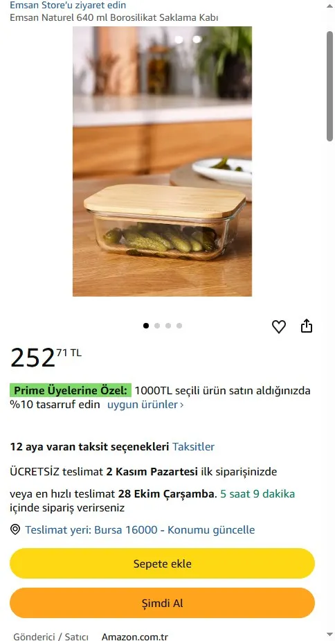 Emsan Naturel 640 ml Borosilikat Saklama Kabı