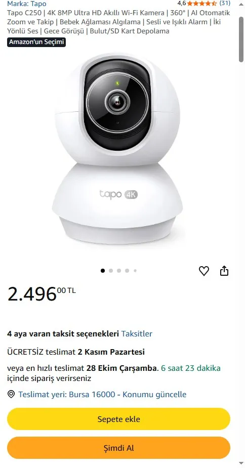 Tapo C250 | 4K 8MP Ultra HD Akıllı Wi-Fi Kamera | 360° | AI Otomatik Zoom ve Takip | Bebek Ağlaması Algılama | Sesli ve Işıklı Alarm | İki Yönlü Ses | Gece Görüşü | Bulut/SD Kart Depolama