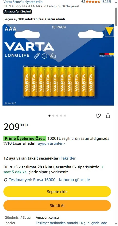 VARTA Longlife AAA Alkalin kalem pil 10'lu paket