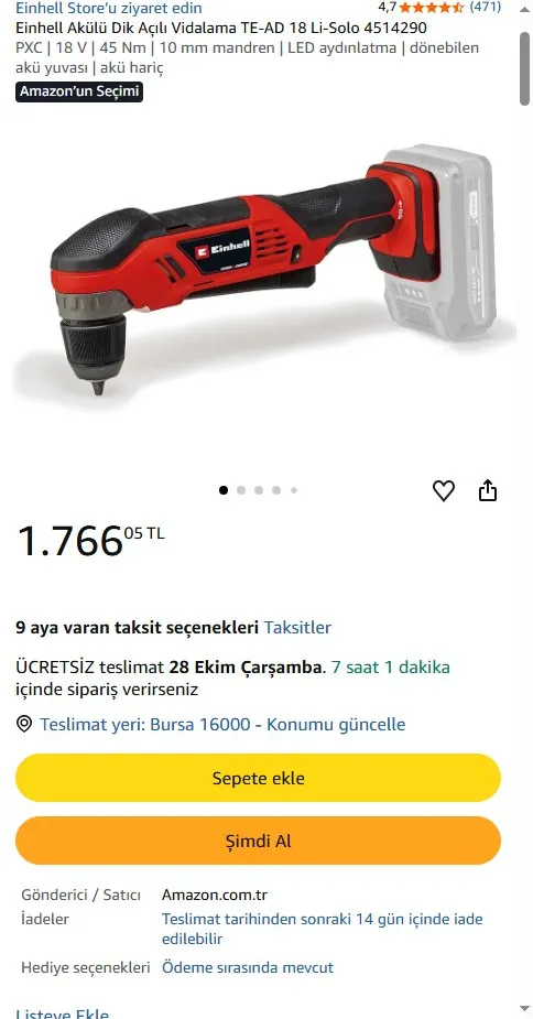 Einhell Akülü Dik Açılı Vidalama TE-AD 18 Li-Solo 4514290