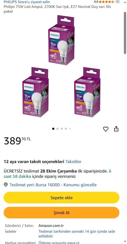 Philips 75W Led Ampul, 2700K Sarı Işık, E27 Normal Duy sarı 3lü paket