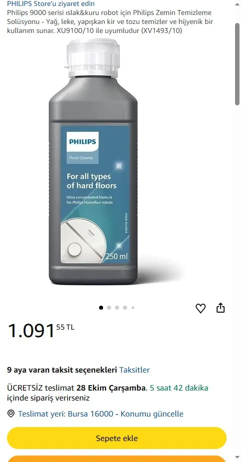 Philips 9000 serisi ıslak&kuru robot için Philips Zemin Temizleme Solüsyonu - Yağ, leke, yapışkan kir ve tozu temizler ve hijyenik bir kullanım sunar. XU9100/10 ile uyumludur (XV1493/10)