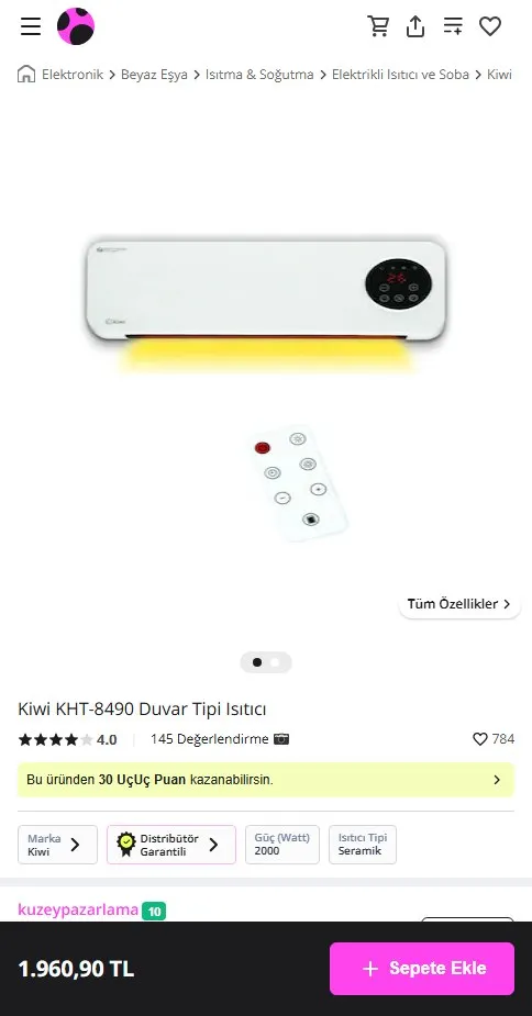 Kiwi KHT-8490 Duvar Tipi Isıtıcı