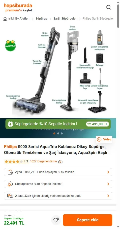 Philips 9000 Serisi AquaTrio Kablosuz Dikey Süpürge, Otomatik Temizleme ve Şarj İstasyonu​, AquaSpin Başlık, PowerCyclone Aqua, XW9463/11