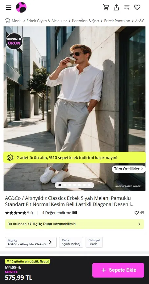 AC&Co / Altınyıldız Classics Erkek Sıyah Melanj Pamuklu Standart Fit Normal Kesim Beli Lastikli Diagonal Desenli Örme Pantolon Siyah Melanj