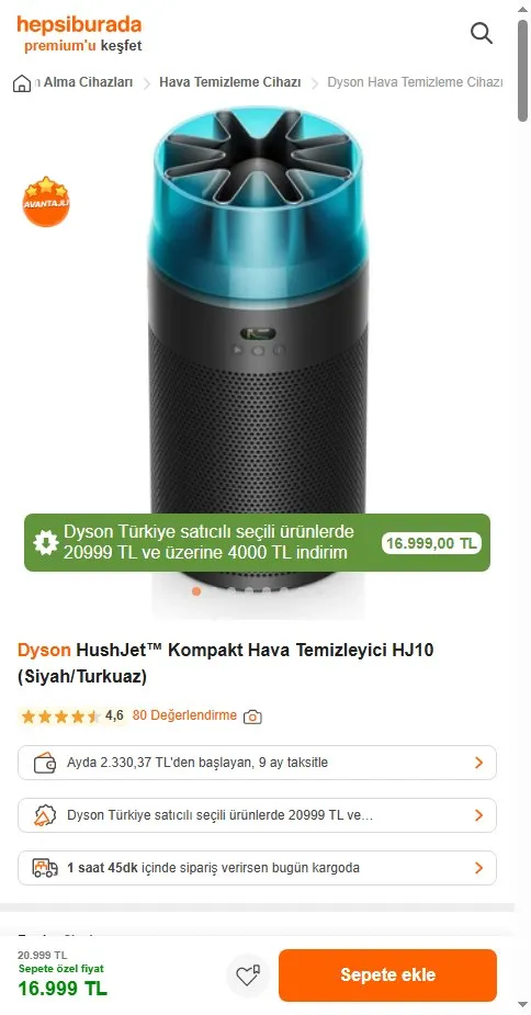 Dyson HushJet™ Kompakt Hava Temizleyici HJ10 (Siyah/Turkuaz)
