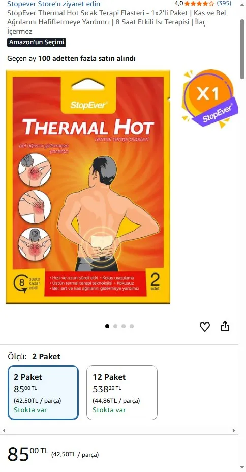 StopEver Thermal Hot Sıcak Terapi Flasteri - 1x2'li Paket | Kas ve Bel Ağrılarını Hafifletmeye Yardımcı | 8 Saat Etkili Isı Terapisi | İlaç İçermez