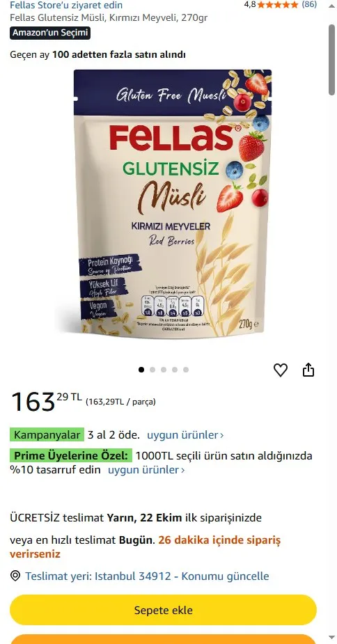 Fellas Glutensiz Müsli, Kırmızı Meyveli, 270gr