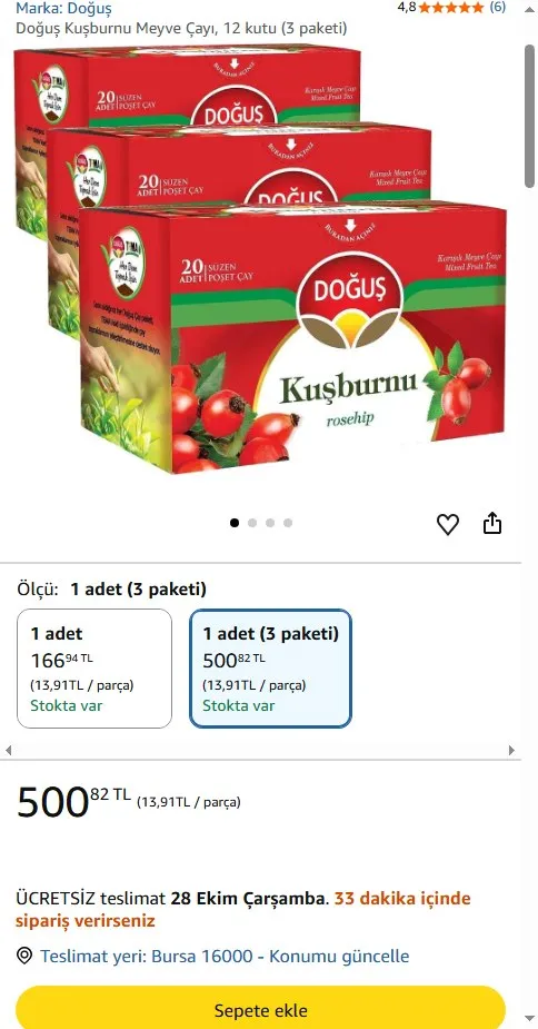 Doğuş Kuşburnu Meyve Çayı, 12 kutu (3 paketi)
