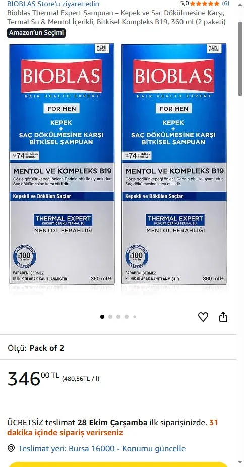 Bioblas Thermal Expert Şampuan – Kepek ve Saç Dökülmesine Karşı, Termal Su & Mentol İçerikli, Bitkisel Kompleks B19, 360 ml (2 paketi)