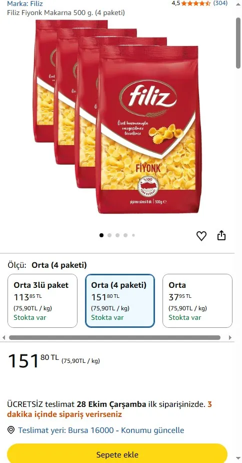 Filiz Fiyonk Makarna 500 g. (4 paketi)