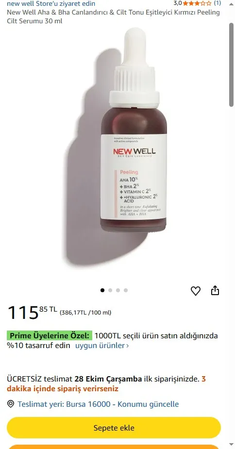 New Well Aha & Bha Canlandırıcı & Cilt Tonu Eşitleyici Kırmızı Peeling Cilt Serumu 30 ml