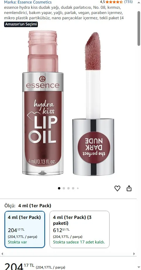 essence hydra kiss dudak yağı, dudak parlatıcısı, No. 08, kırmızı, nemlendirici, bakım yapar, yağlı, parlak, vegan, paraben içermez, mikro plastik partikülsüz, nano parçacıklar içermez, tekli paket (4