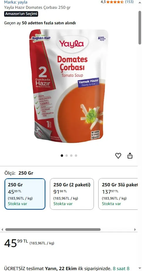 Yayla Hazır Domates Çorbası 250 gr