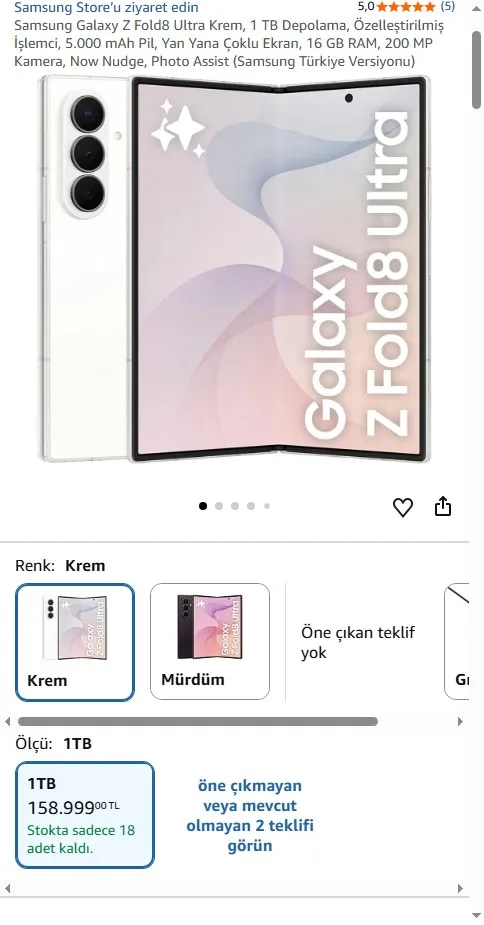 Samsung Galaxy Z Fold8 Ultra Krem, 1 TB Depolama, Özelleştirilmiş İşlemci, 5.000 mAh Pil, Yan Yana Çoklu Ekran, 16 GB RAM, 200 MP Kamera, Now Nudge, Photo Assist (Samsung Türkiye Versiyonu)