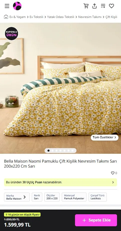 Bella Maison Naomi Pamuklu Çift Kişilik Nevresim Takımı Sarı 200x220 Cm Sarı
