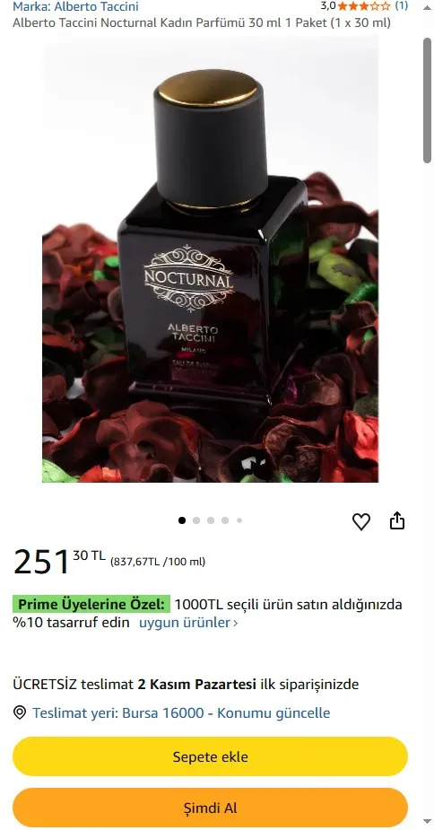 Alberto Taccini Nocturnal Kadın Parfümü 30 ml 1 Paket (1 x 30 ml)