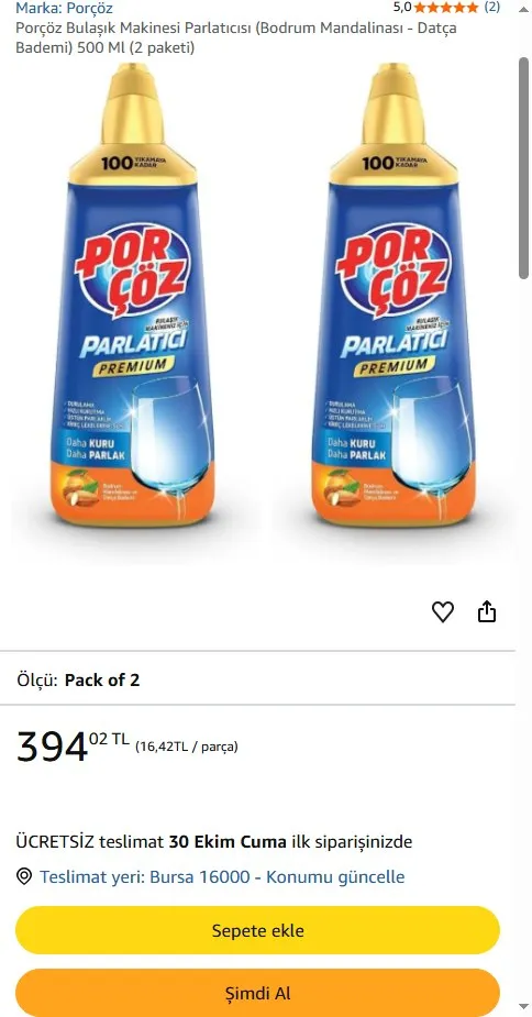 Porçöz Bulaşık Makinesi Parlatıcısı (Bodrum Mandalinası - Datça Bademi) 500 Ml (2 paketi)