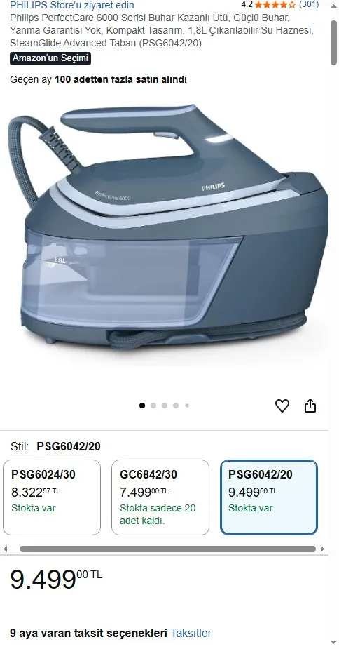 Philips PerfectCare 6000 Serisi Buhar Kazanlı Ütü, Güçlü Buhar, Yanma Garantisi Yok, Kompakt Tasarım, 1,8L Çıkarılabilir Su Haznesi, SteamGlide Advanced Taban (PSG6042/20)