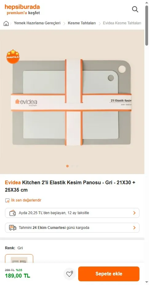 Evidea Kitchen 2'li Elastik Kesim Panosu - Gri - 21X30 + 25X35 cm