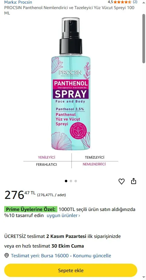 PROCSIN Panthenol Nemlendirici ve Tazeleyici Yüz Vücut Spreyi 100 ML