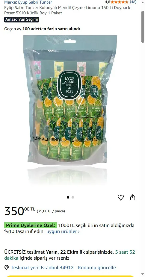 Eyüp Sabri Tuncer Kolonyalı Mendil Çeşme Limonu 150 Li Doypack Poşet 5X10 Küçük Boy 1 Paket