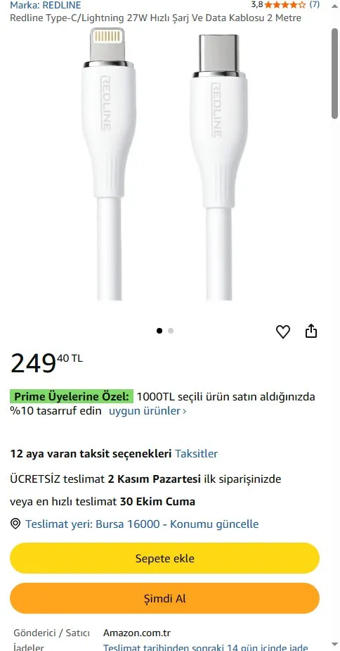 Redline Type-C/Lightning 27W Hızlı Şarj Ve Data Kablosu 2 Metre