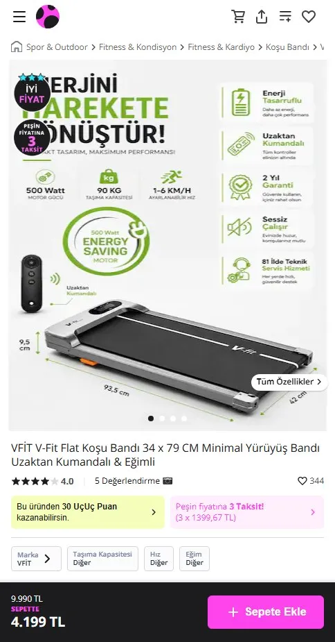 VFİT V-Fit Flat Koşu Bandı 34 x 79 CM Minimal Yürüyüş Bandı Uzaktan Kumandalı & Eğimli