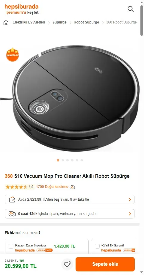 360 S10 Vacuum Mop Pro Cleaner Akıllı Robot Süpürge