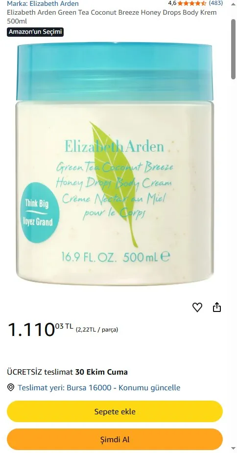 Elizabeth Arden Green Tea Coconut Breeze Honey Drops Body Krem 500ml